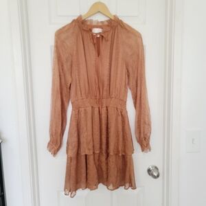 J.O.A. Rust-Tan Smocked Waist Long-Sleeve Tiered Mini Dress Size S